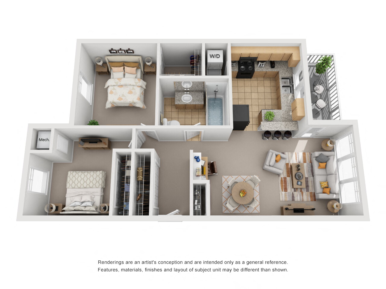 Floor plan for 2 beds, 1 bath, 1086 sqft
